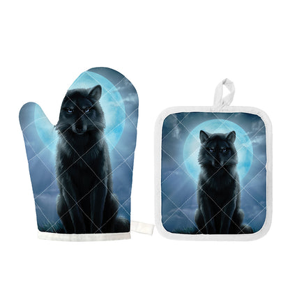 Moonlight Wolf Print Oven Mitt And Pot Holder Set