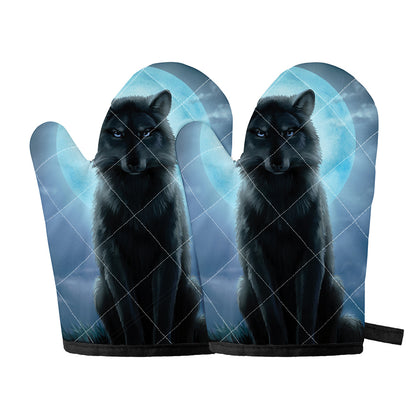 Moonlight Wolf Print Oven Mitts