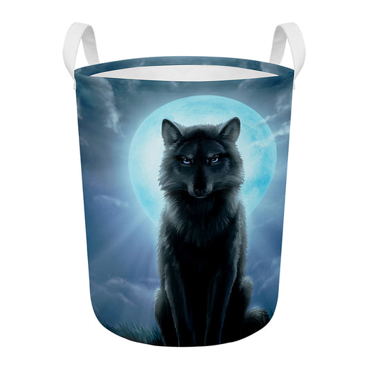 Moonlight Wolf Print Round Laundry Basket
