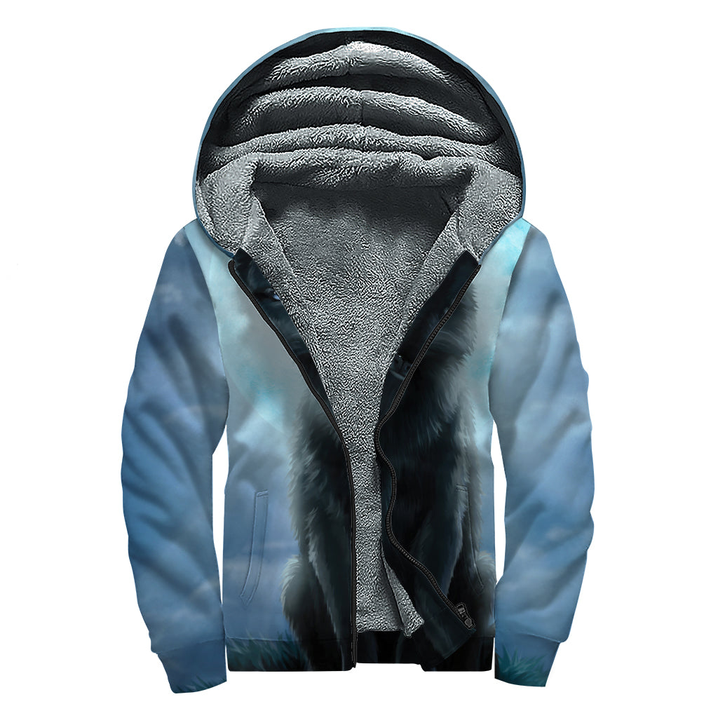 Moonlight Wolf Print Sherpa Lined Zip Up Hoodie