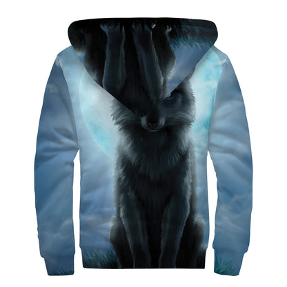 Moonlight Wolf Print Sherpa Lined Zip Up Hoodie