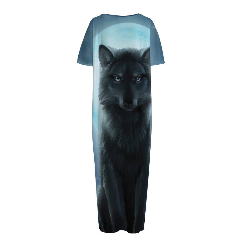 Moonlight Wolf Print Short Sleeve Long Nightdress