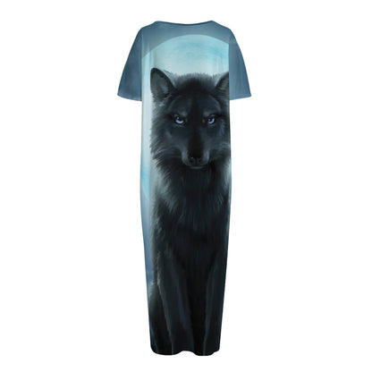 Moonlight Wolf Print Short Sleeve Long Nightdress