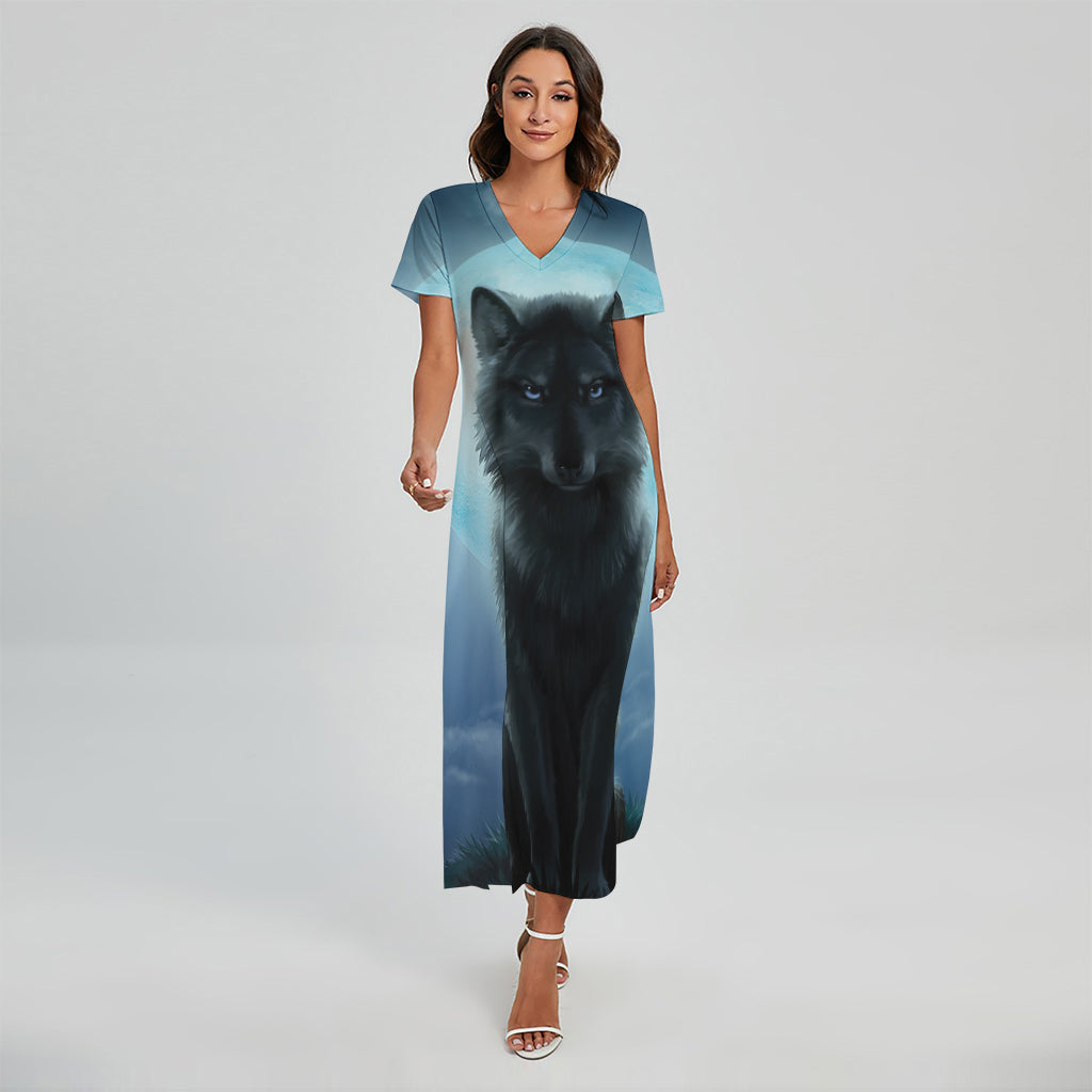 Moonlight Wolf Print Short Sleeve Maxi Dress