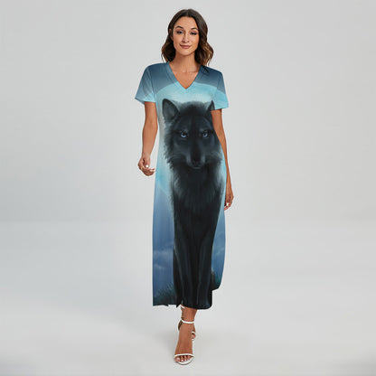 Moonlight Wolf Print Short Sleeve Maxi Dress