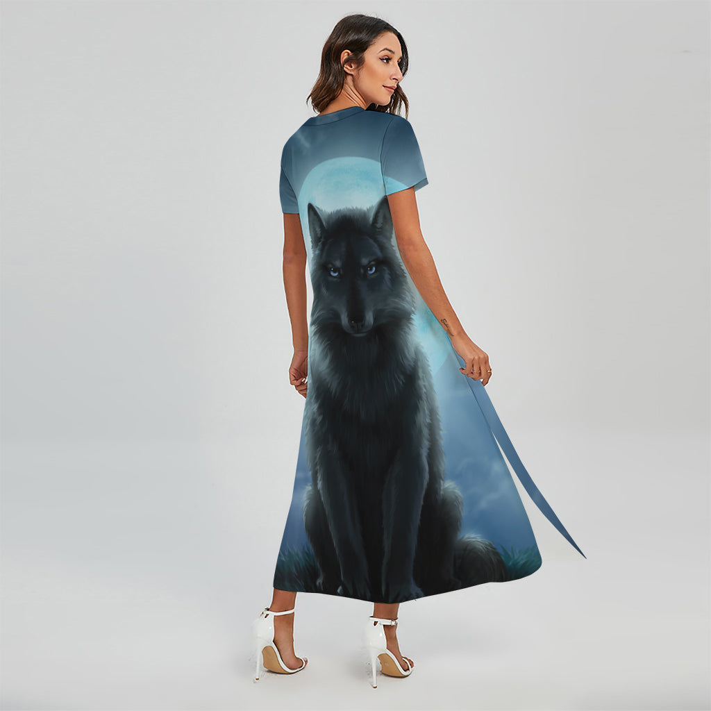 Moonlight Wolf Print Short Sleeve Maxi Dress