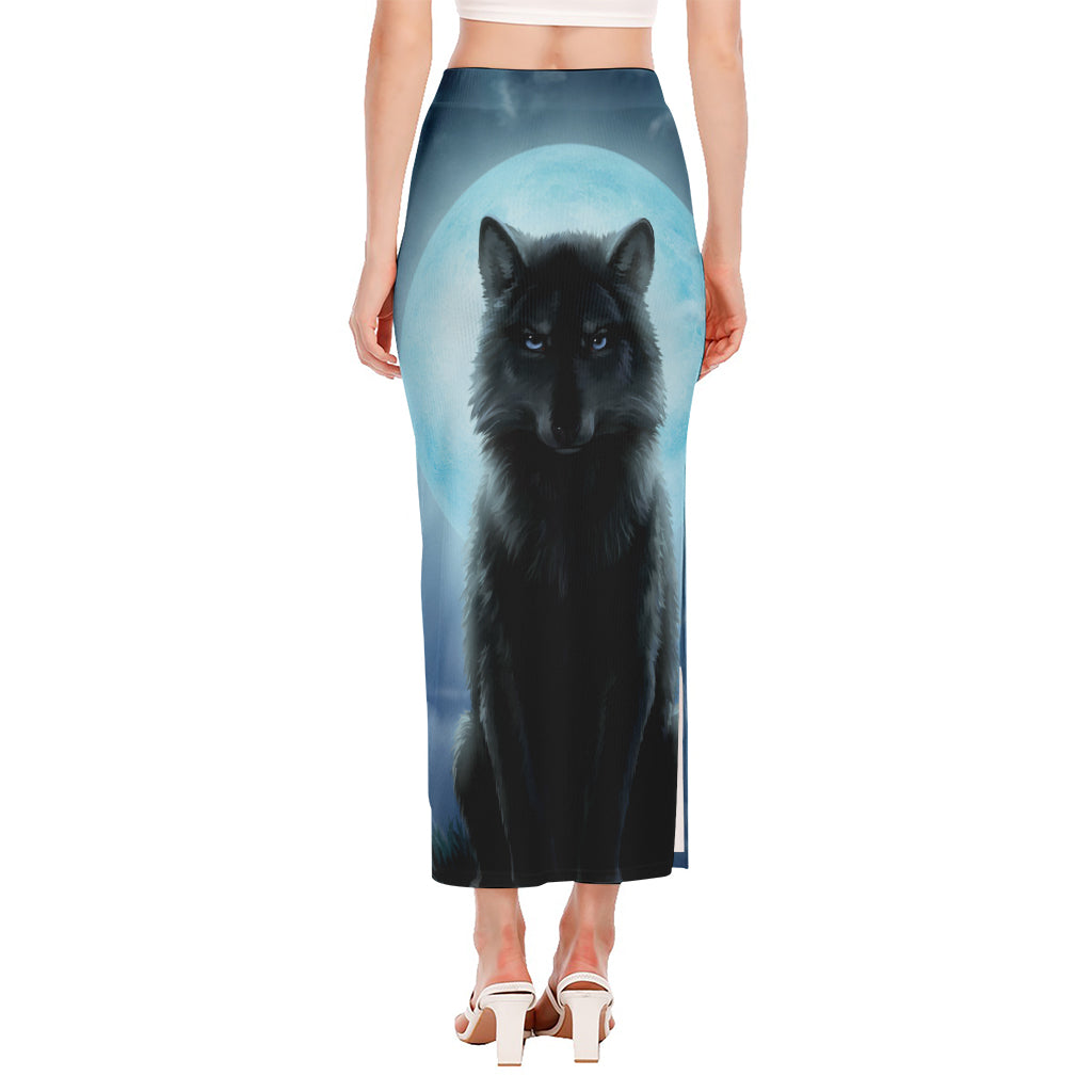 Moonlight Wolf Print Side Slit Maxi Skirt