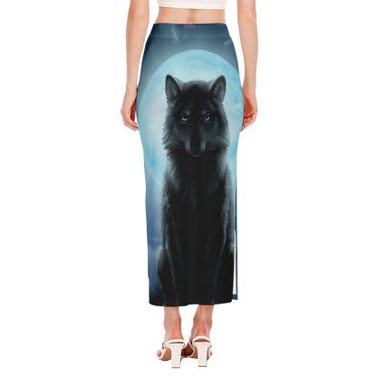 Moonlight Wolf Print Side Slit Maxi Skirt