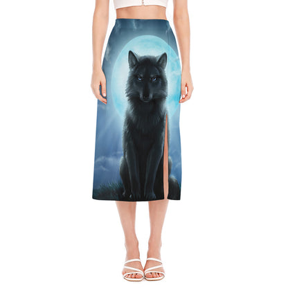 Moonlight Wolf Print Side Slit Midi Skirt