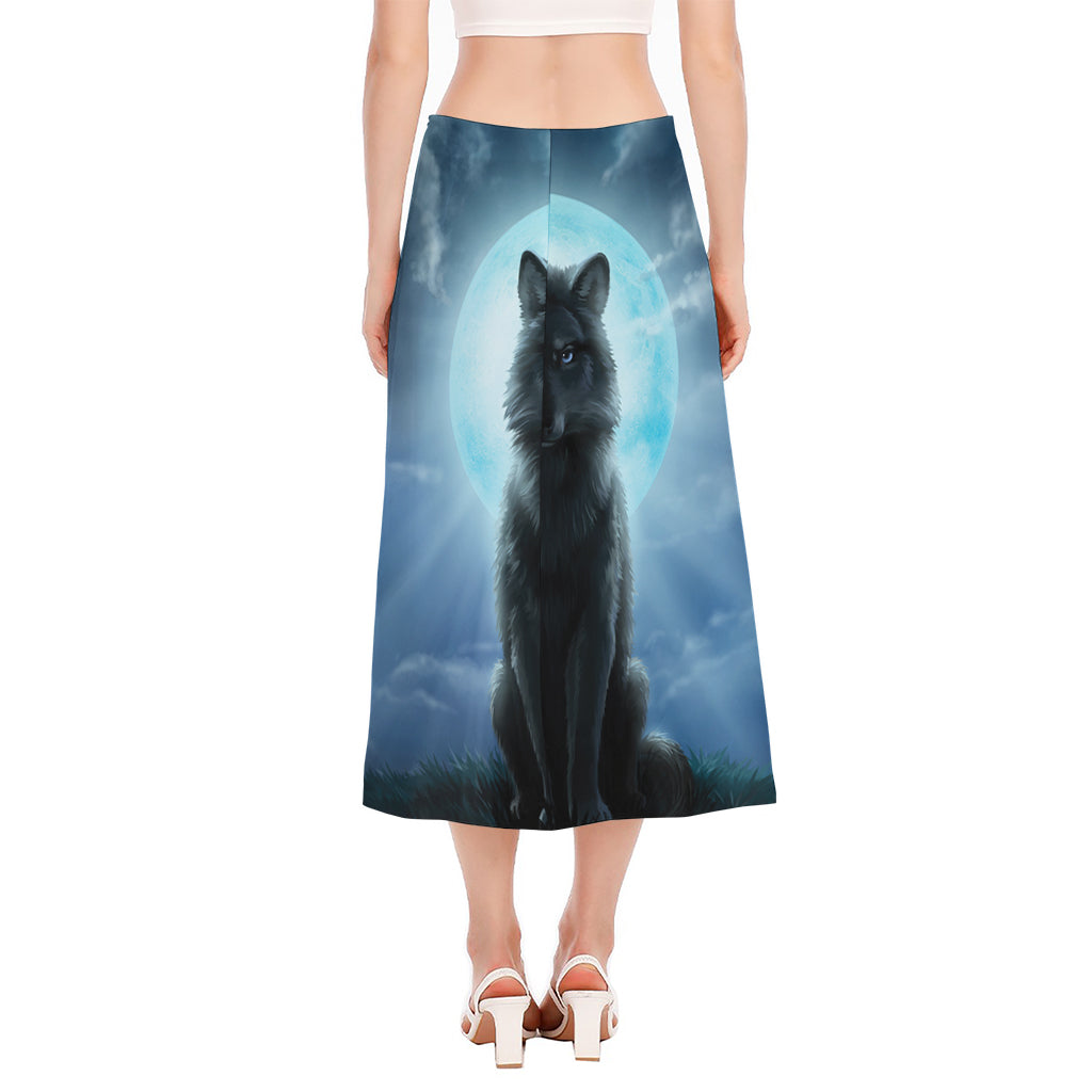 Moonlight Wolf Print Side Slit Midi Skirt
