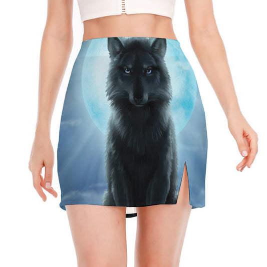 Moonlight Wolf Print Side Slit Mini Skirt