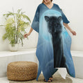 Moonlight Wolf Print Silk V-Neck Kaftan Dress