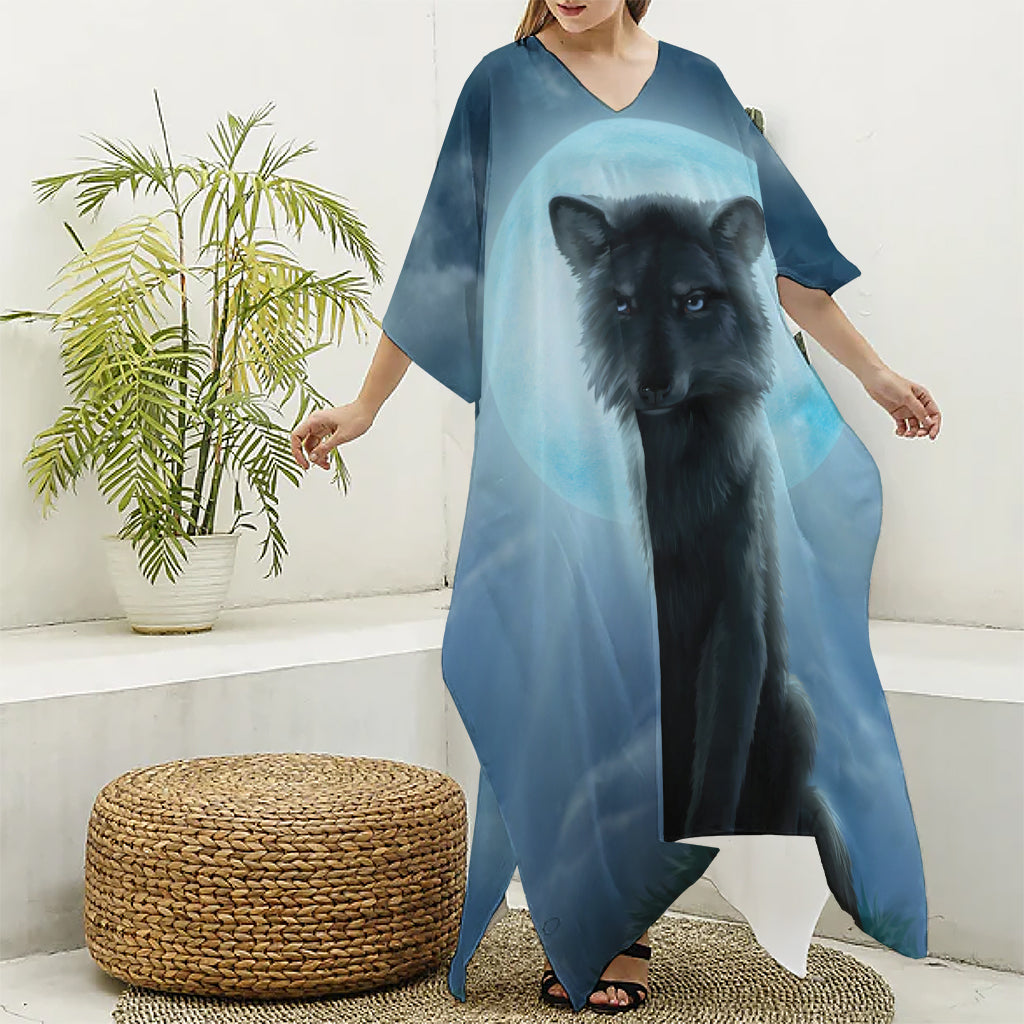 Moonlight Wolf Print Silk V-Neck Kaftan Dress