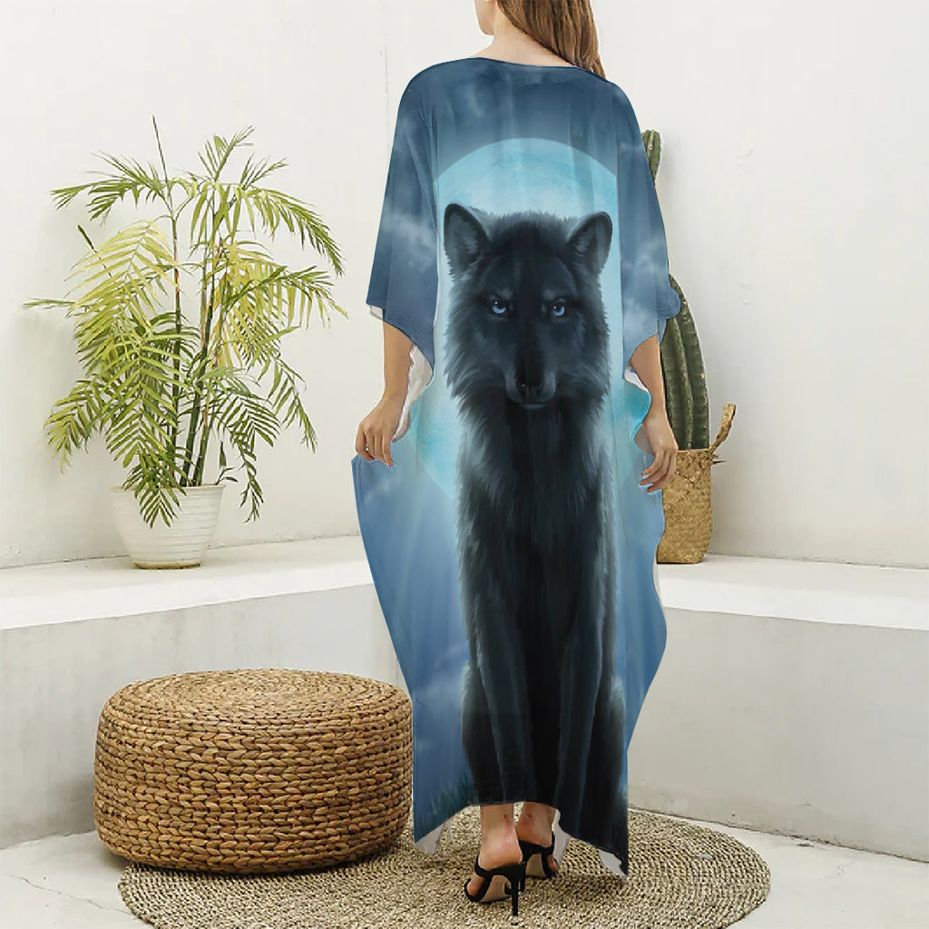 Moonlight Wolf Print Silk V-Neck Kaftan Dress