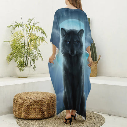 Moonlight Wolf Print Silk V-Neck Kaftan Dress
