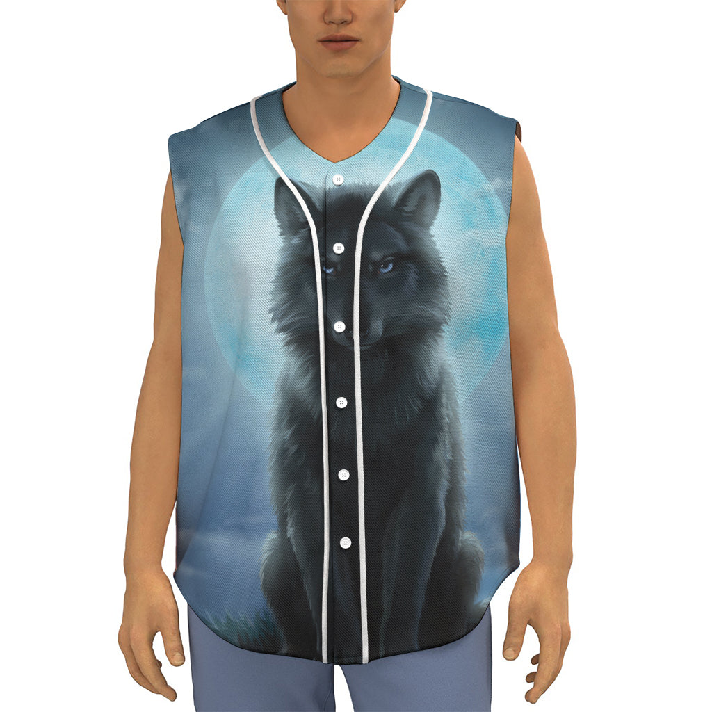 Moonlight Wolf Print Sleeveless Baseball Jersey