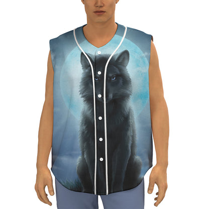 Moonlight Wolf Print Sleeveless Baseball Jersey