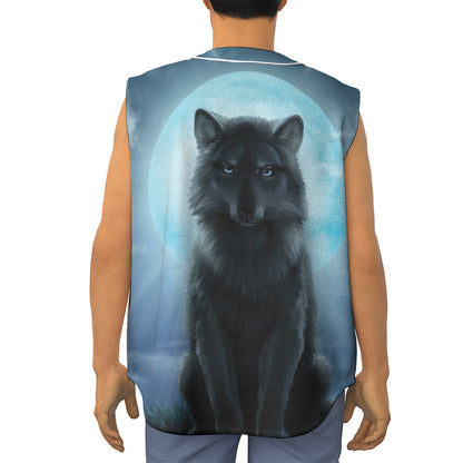 Moonlight Wolf Print Sleeveless Baseball Jersey