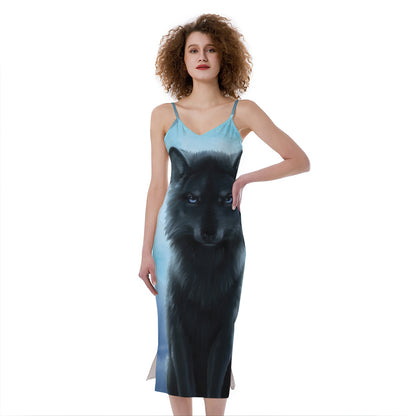 Moonlight Wolf Print Slim Fit Midi Cami Dress