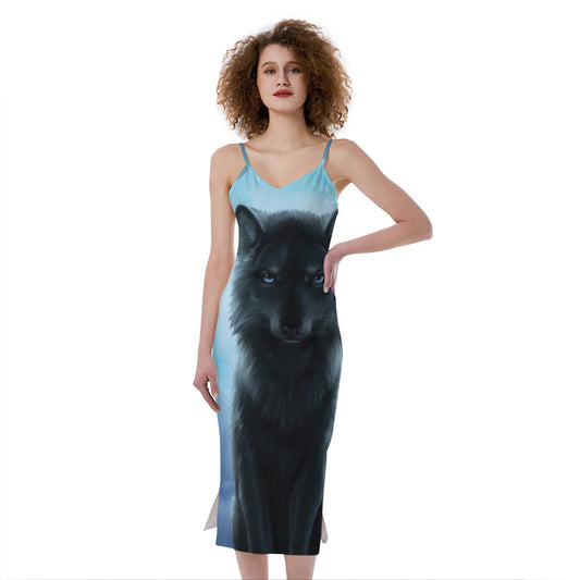 Moonlight Wolf Print Slim Fit Midi Cami Dress