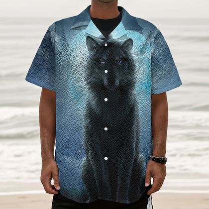 Moonlight Wolf Print Textured Short Sleeve Shirt