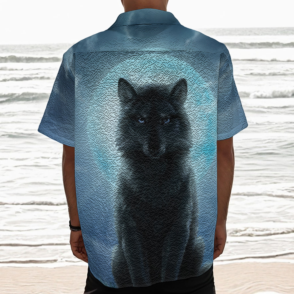 Moonlight Wolf Print Textured Short Sleeve Shirt