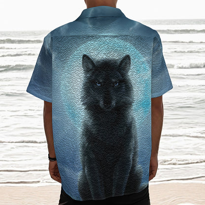 Moonlight Wolf Print Textured Short Sleeve Shirt