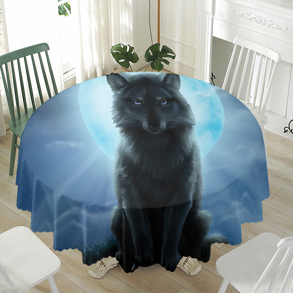Moonlight Wolf Print Waterproof Round Tablecloth