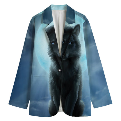 Moonlight Wolf Print Women's Cotton Blazer