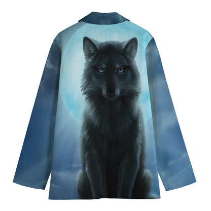 Moonlight Wolf Print Women's Cotton Blazer