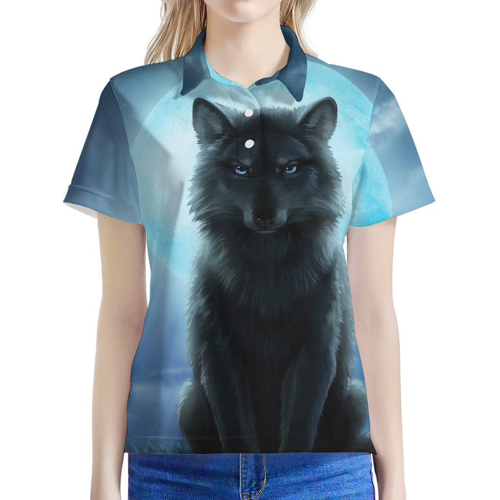 Moonlight Wolf Print Women's Polo Shirt