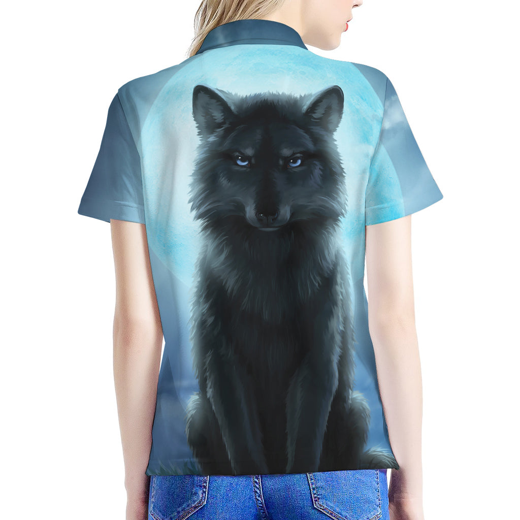 Moonlight Wolf Print Women's Polo Shirt