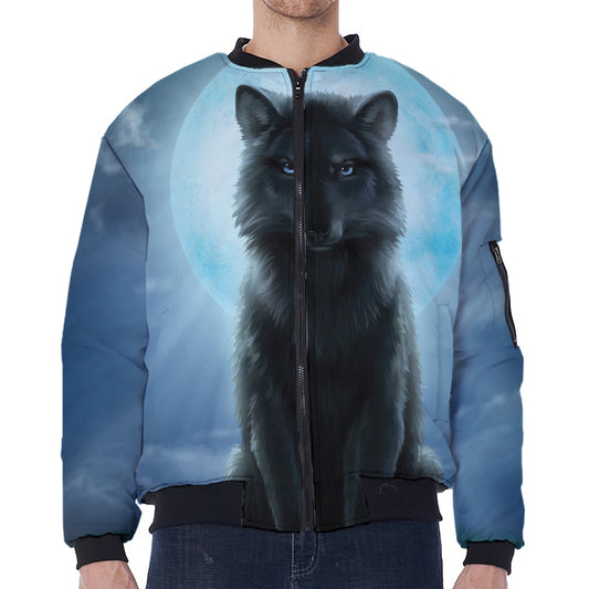 Moonlight Wolf Print Zip Sleeve Bomber Jacket
