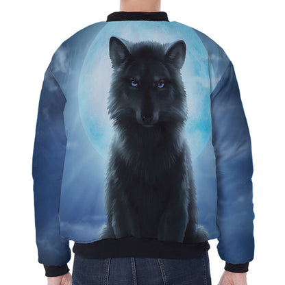 Moonlight Wolf Print Zip Sleeve Bomber Jacket