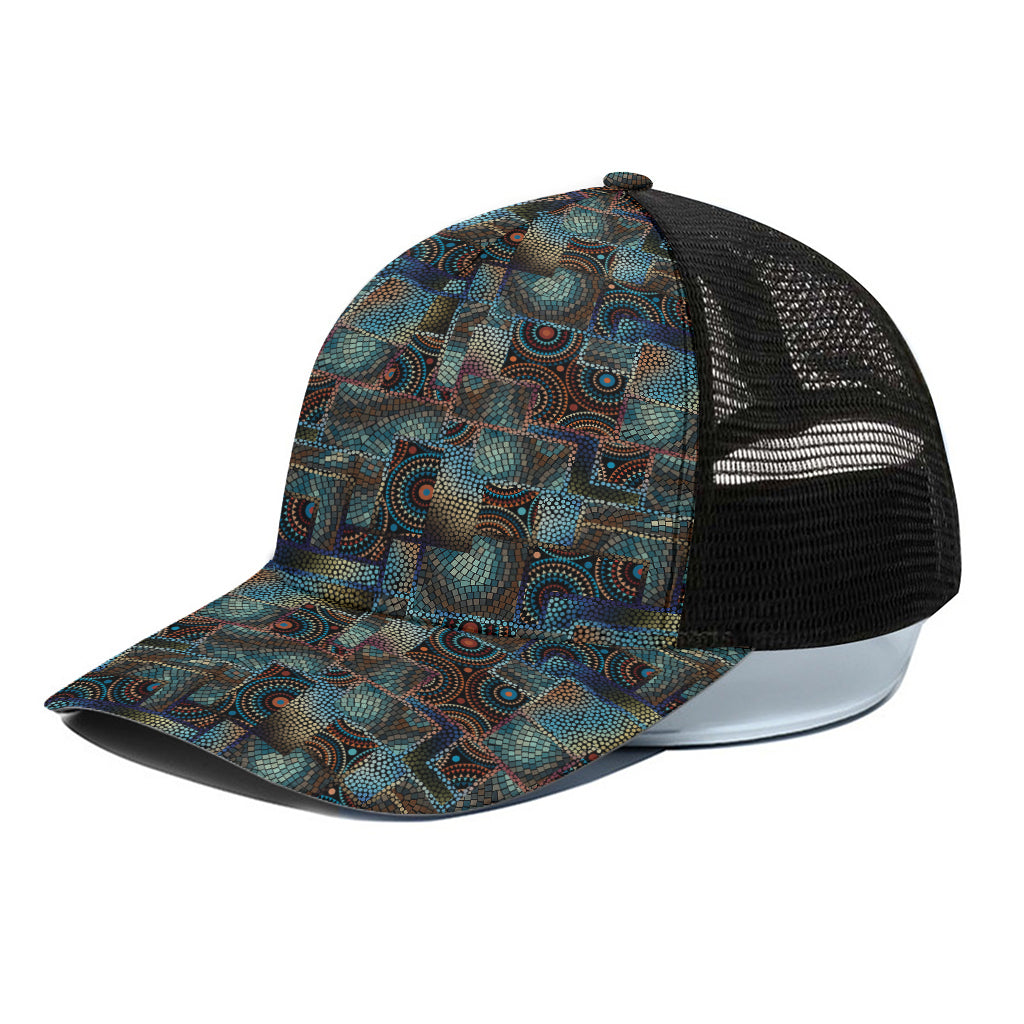 Mosaic Patchwork Pattern Print Black Mesh Trucker Cap