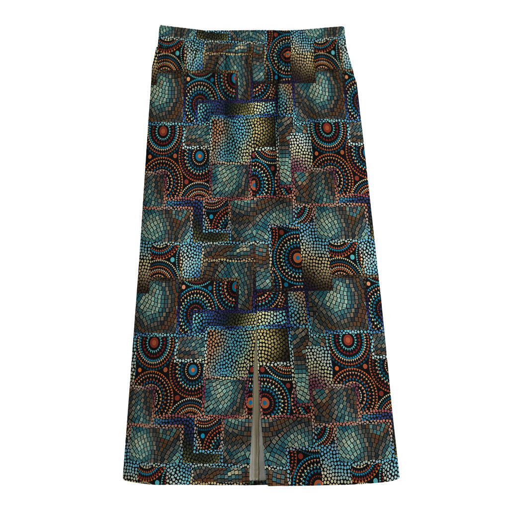 Mosaic Patchwork Pattern Print Cotton Front Slit Maxi Skirt