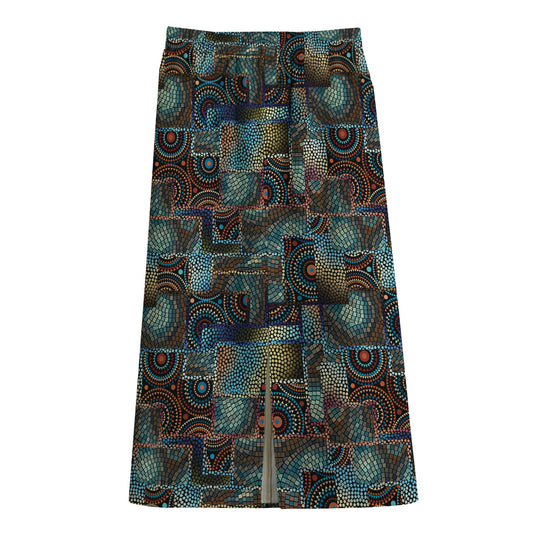 Mosaic Patchwork Pattern Print Cotton Front Slit Maxi Skirt