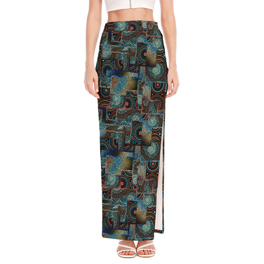 Mosaic Patchwork Pattern Print High Slit Maxi Skirt