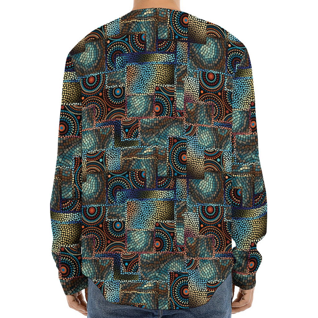 Mosaic Patchwork Pattern Print Long Sleeve Baseball Jersey