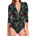 Mosaic Patchwork Pattern Print Long Sleeve Swimsuit