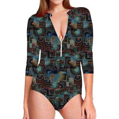 Mosaic Patchwork Pattern Print Long Sleeve Swimsuit