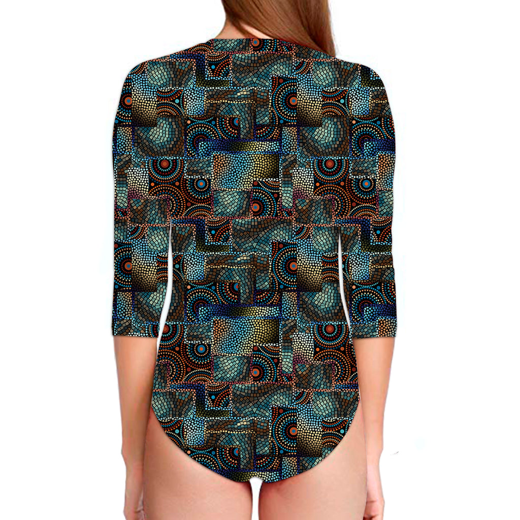 Mosaic Patchwork Pattern Print Long Sleeve Swimsuit