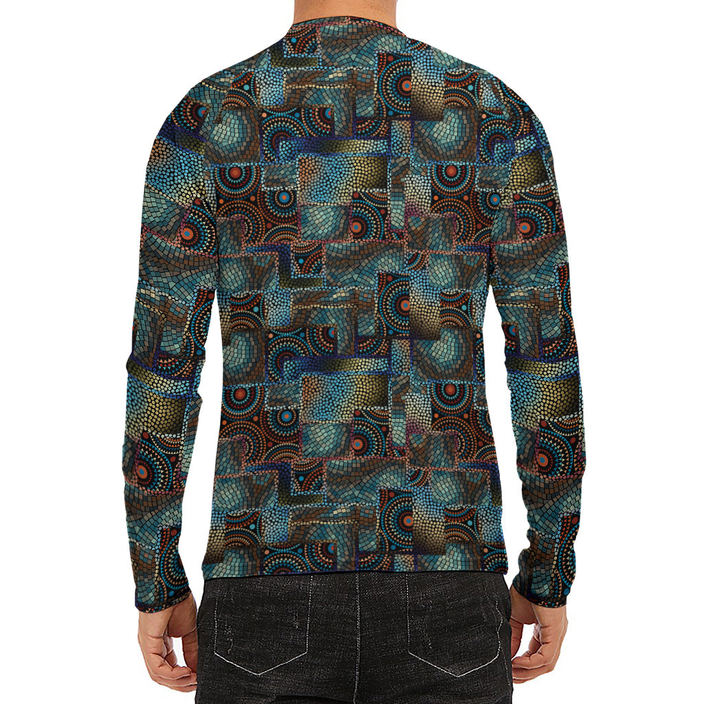 Mosaic Patchwork Pattern Print Men's Long Sleeve Rash Guard