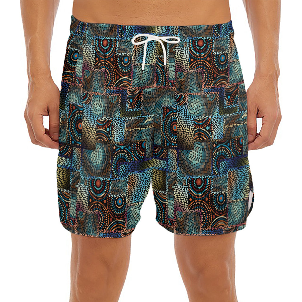 Mosaic Patchwork Pattern Print Men's Split Running Shorts
