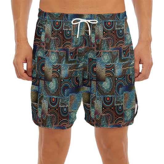Mosaic Patchwork Pattern Print Men's Split Running Shorts