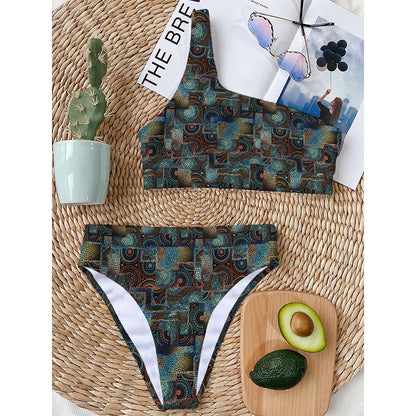 Mosaic Patchwork Pattern Print One Shoulder Bikini Top