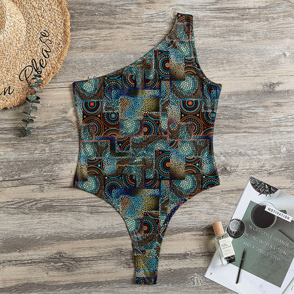 Mosaic Patchwork Pattern Print One Shoulder Bodysuit