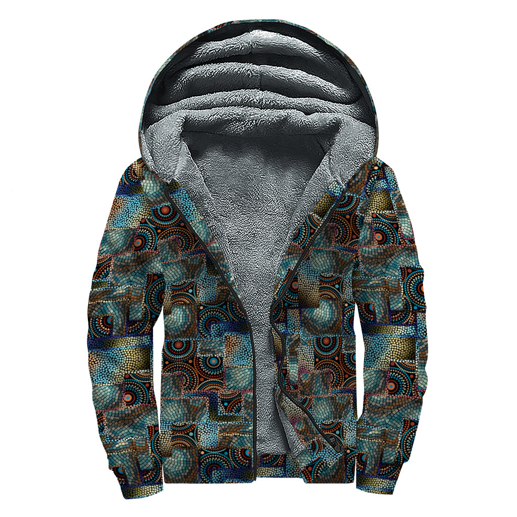 Mosaic Patchwork Pattern Print Sherpa Lined Zip Up Hoodie
