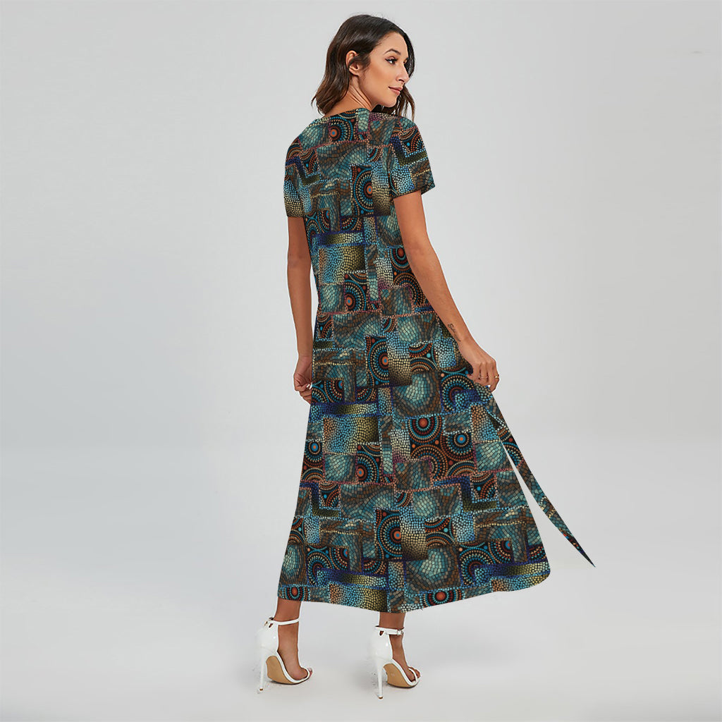 Mosaic Patchwork Pattern Print Short Sleeve Maxi Dress