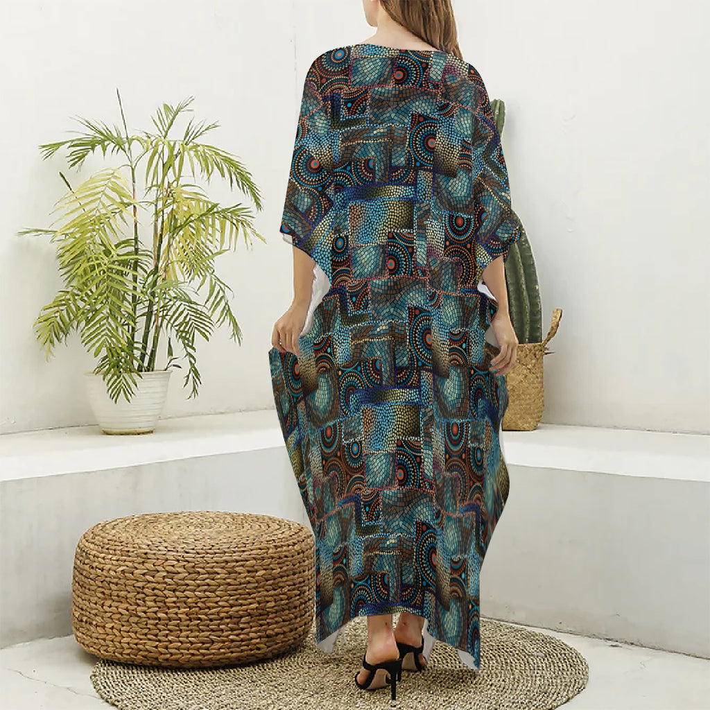 Mosaic Patchwork Pattern Print Silk V-Neck Kaftan Dress